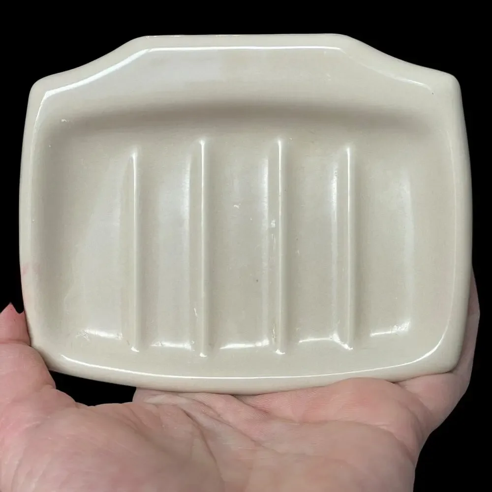 Vintage Porcelain Soap Dish Holder Bathroom Wall Mount Fixture Taupe MCM READ